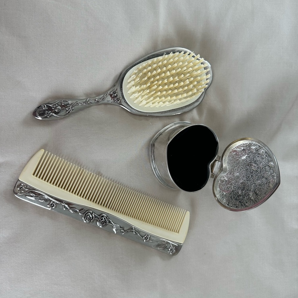 Silver Vanity Set with Brush, Comb, and Heart Box